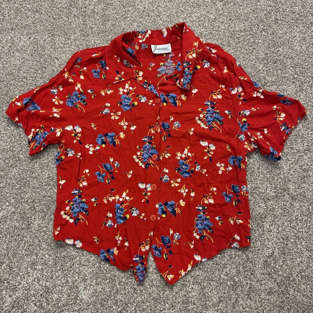 Vintage Joanna Shirt Womens Lg Red Floral Button Front Collared Short Sleeve Top